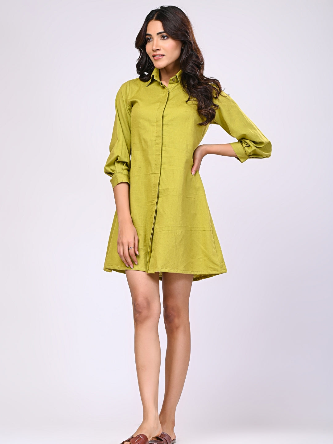 Cotton Linen Green Short Dress