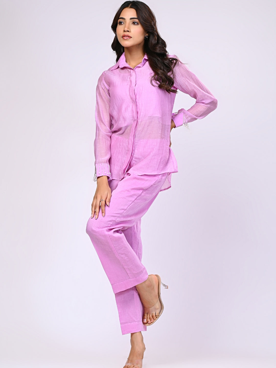 Pure Chanderi Purple 3 Pc Co-ord Set with Cut Work Detailing