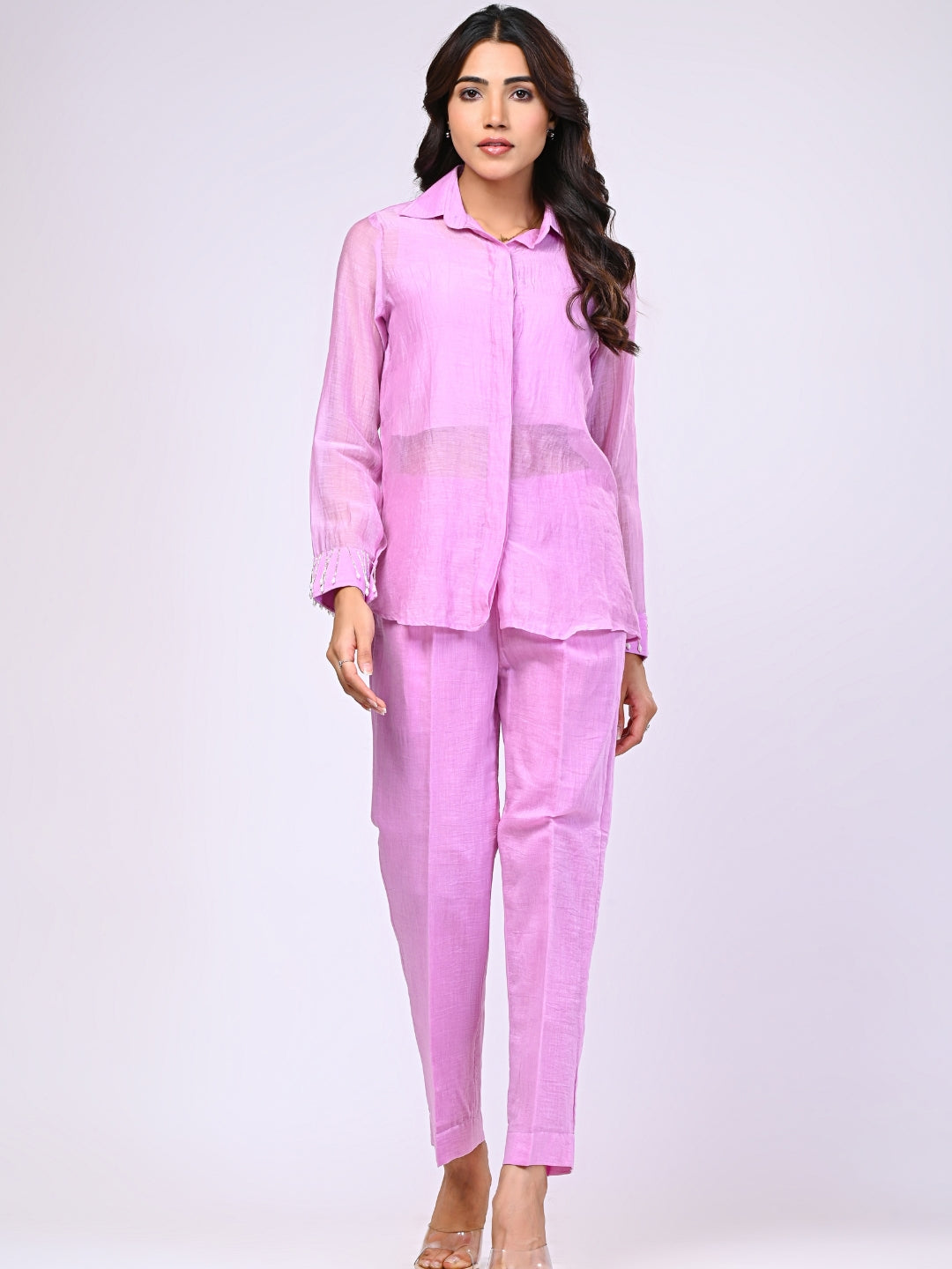 Pure Chanderi Purple 3 Pc Co-ord Set with Cut Work Detailing