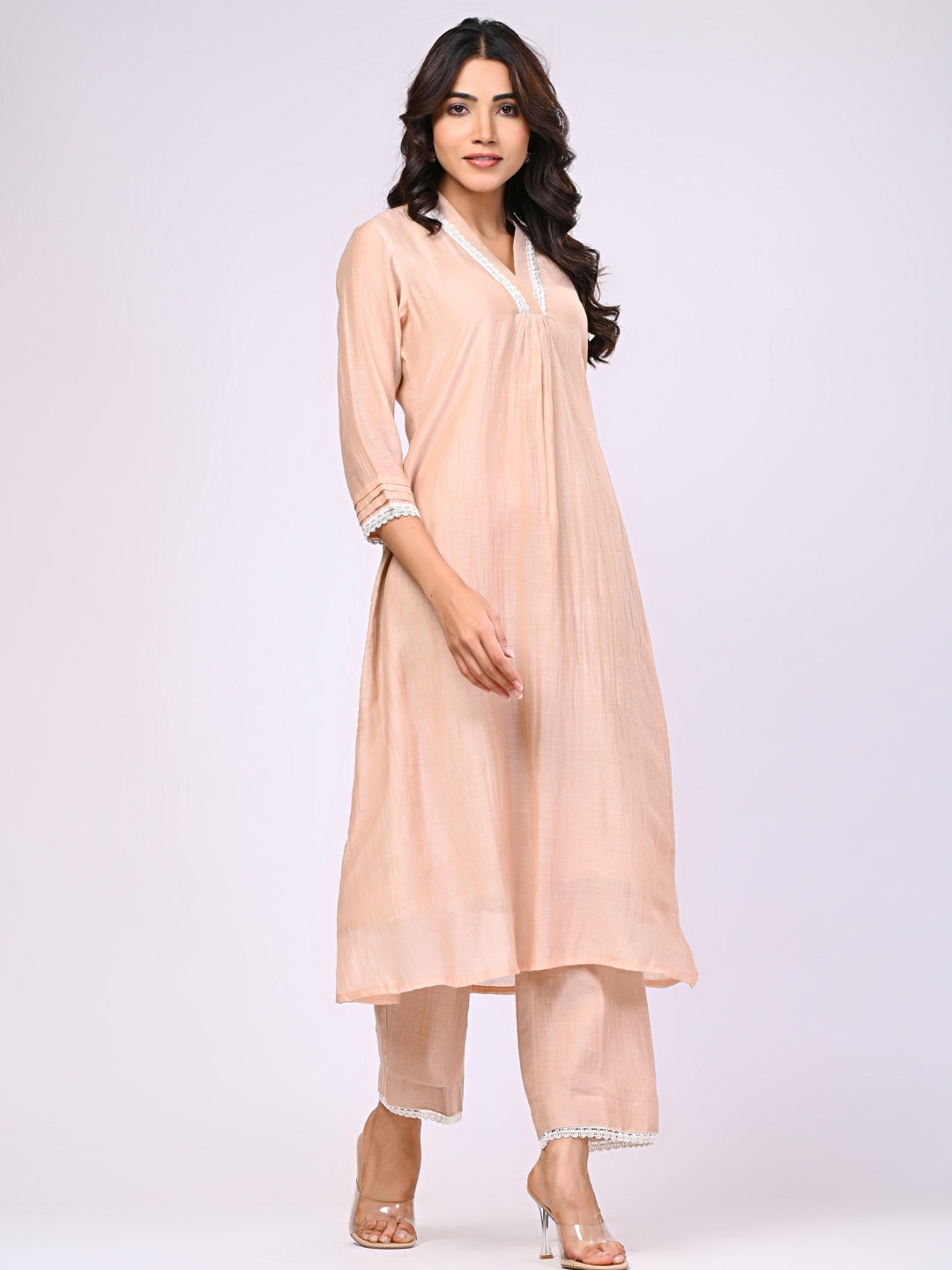 Pure Chanderi Silk Beige Kurti & Pant Set With Lace Detailing