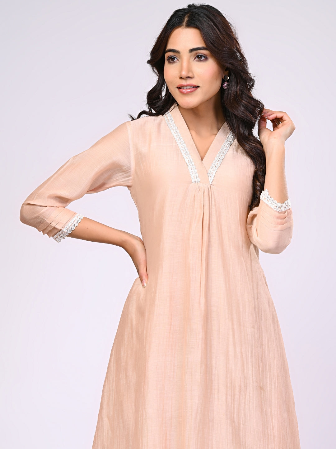 Pure Chanderi Silk Beige Kurti & Pant Set With Lace Detailing