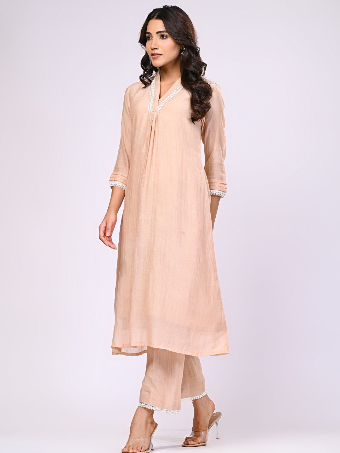 Pure Chanderi Silk Beige Kurti & Pant Set With Lace Detailing