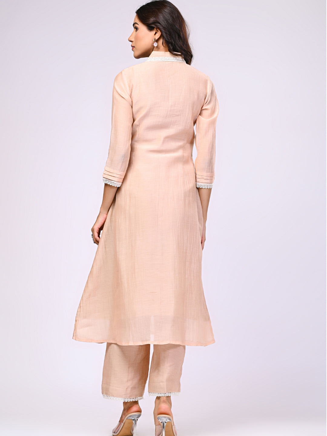 Pure Chanderi Silk Beige Kurti & Pant Set With Lace Detailing