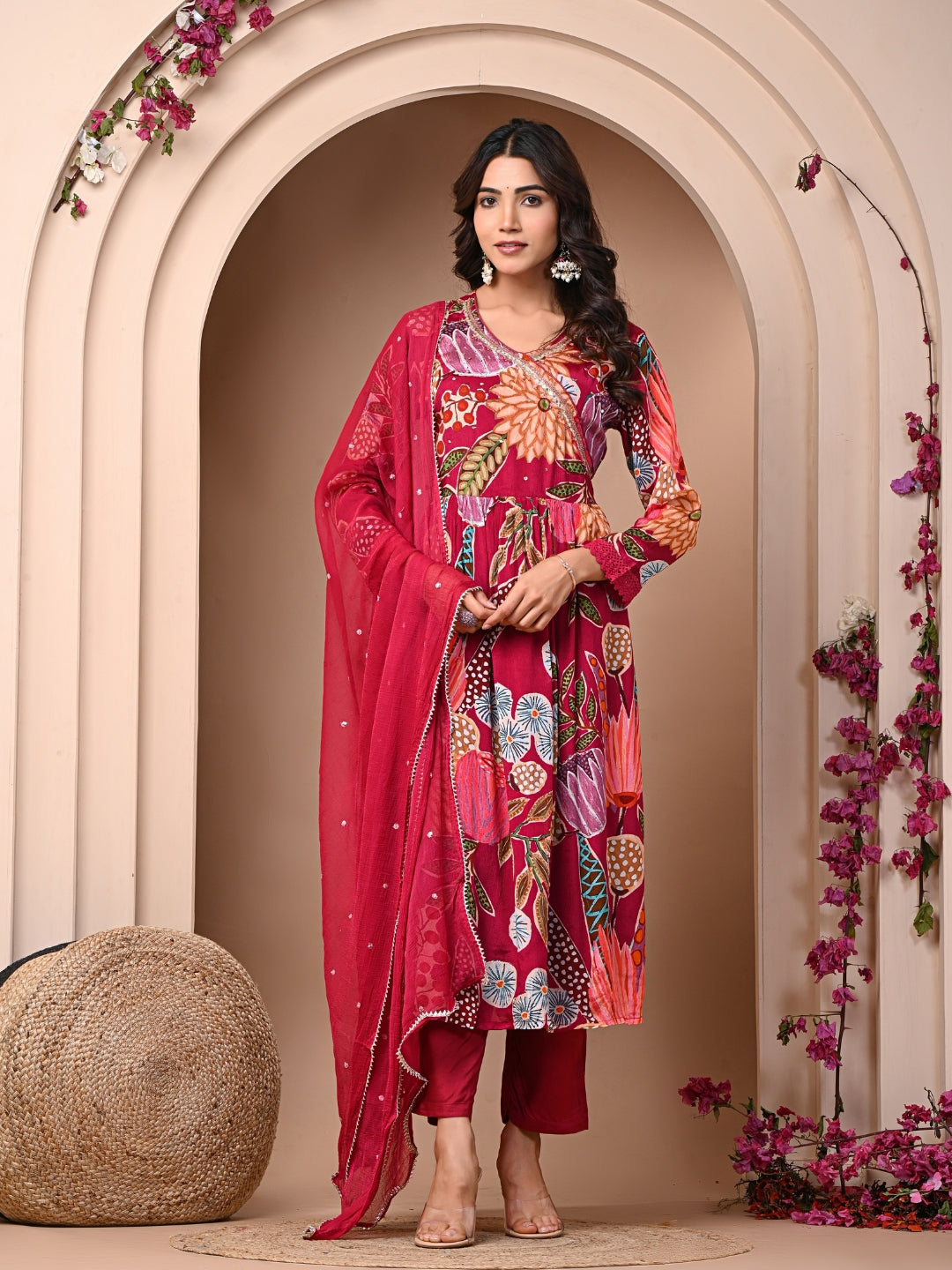 Red 3 Pc Chinnon & Shantoon Suit Set