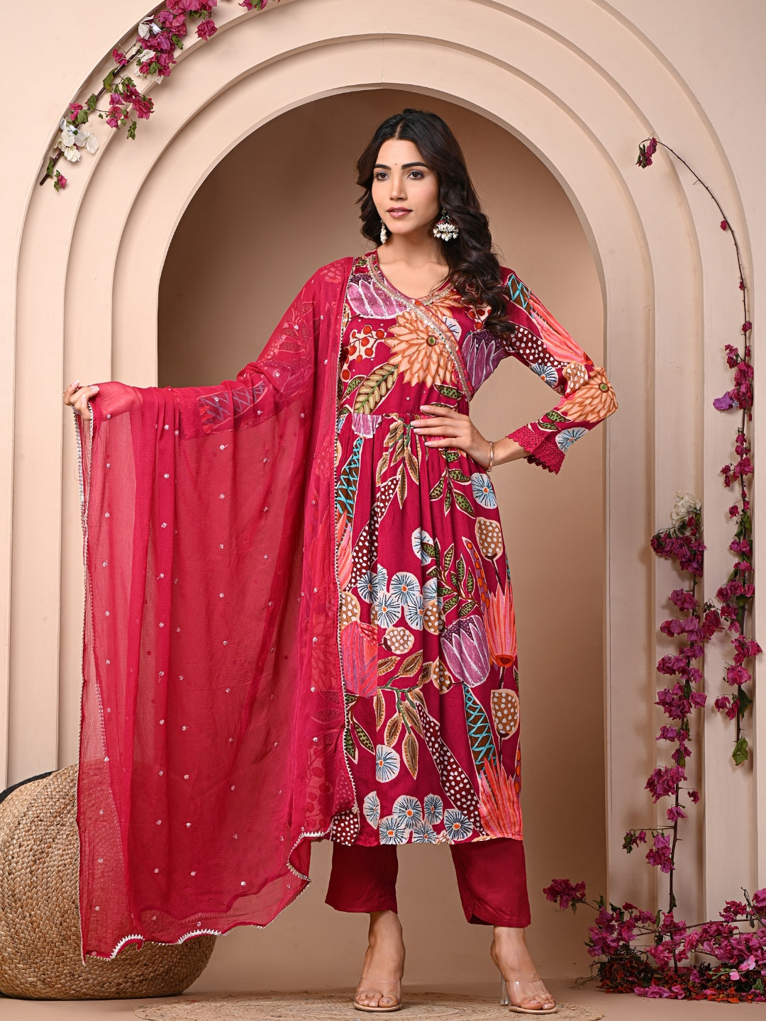 Red 3 Pc Chinnon & Shantoon Suit Set