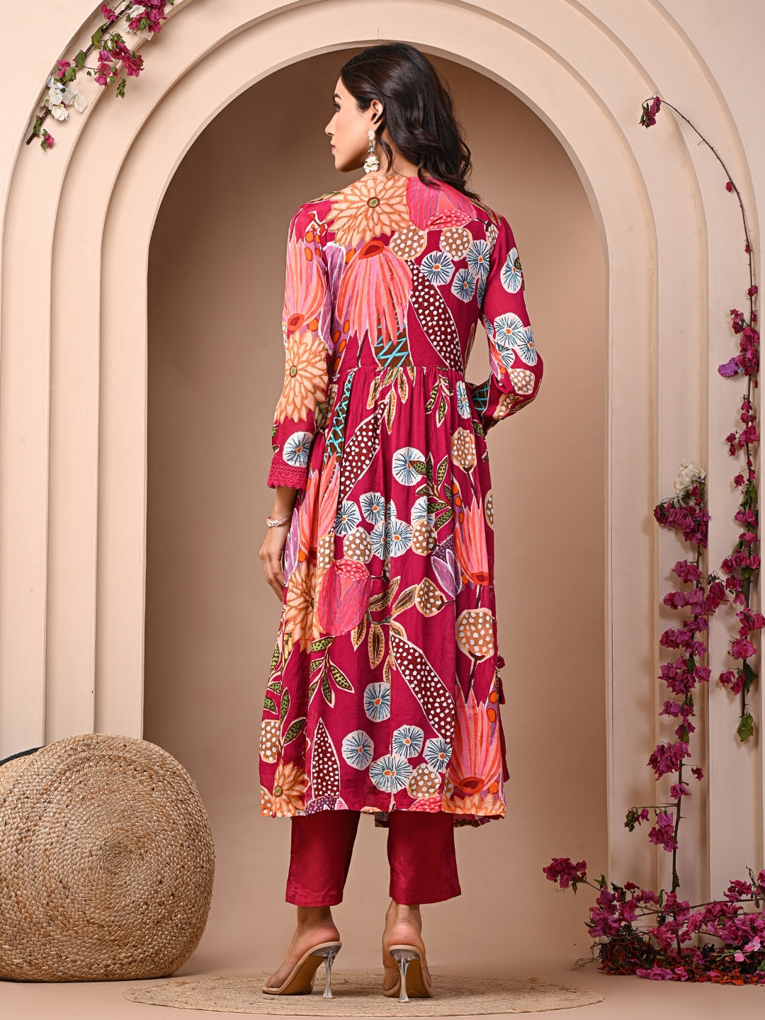 Red 3 Pc Chinnon & Shantoon Suit Set