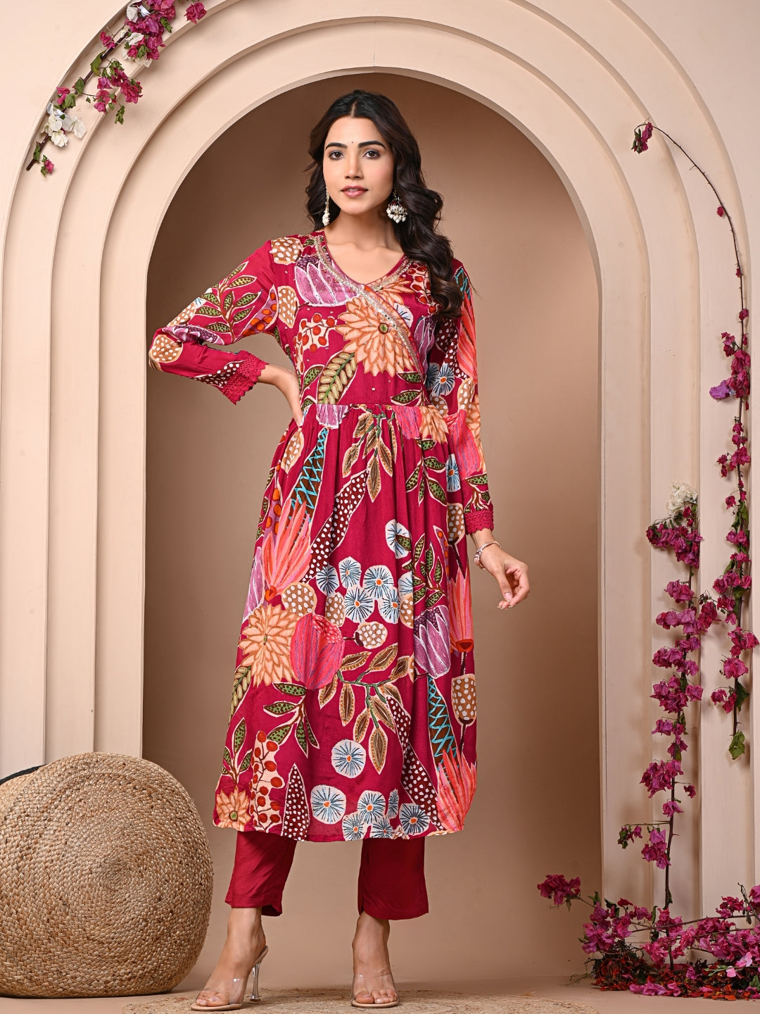 Red 3 Pc Chinnon & Shantoon Suit Set