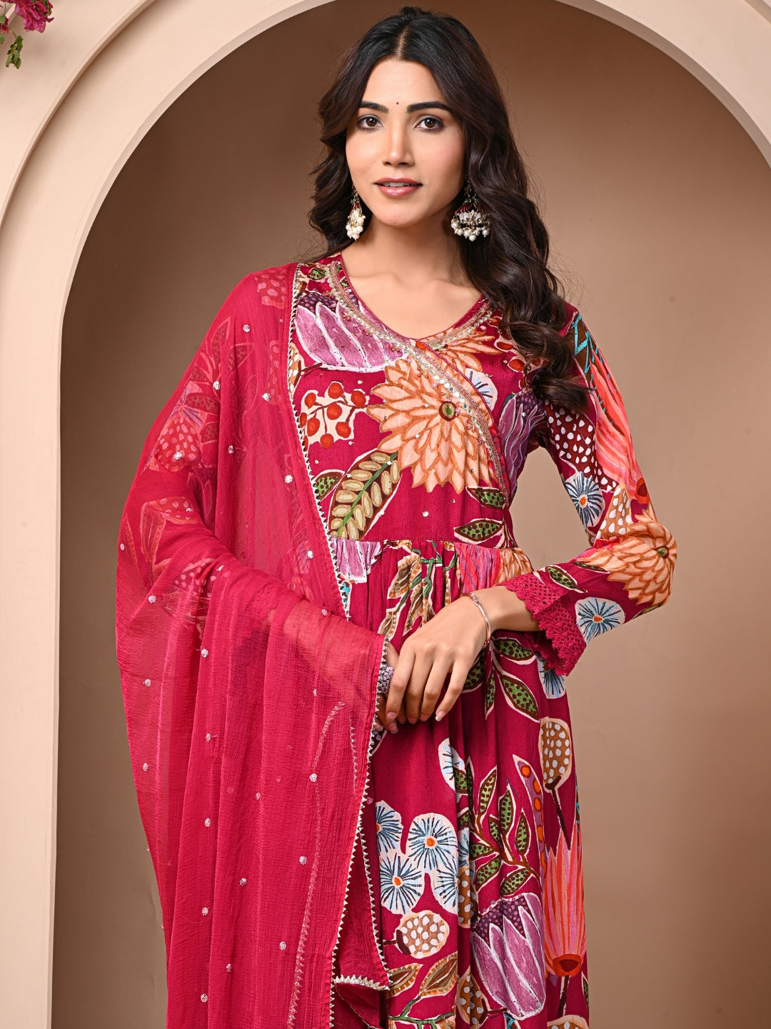 Red 3 Pc Chinnon & Shantoon Suit Set