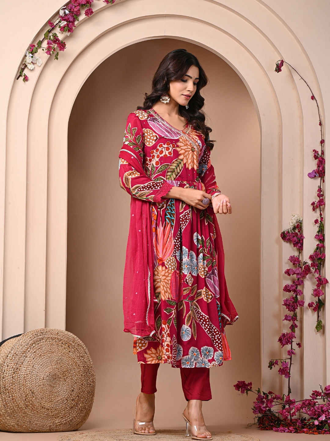 Red 3 Pc Chinnon & Shantoon Suit Set