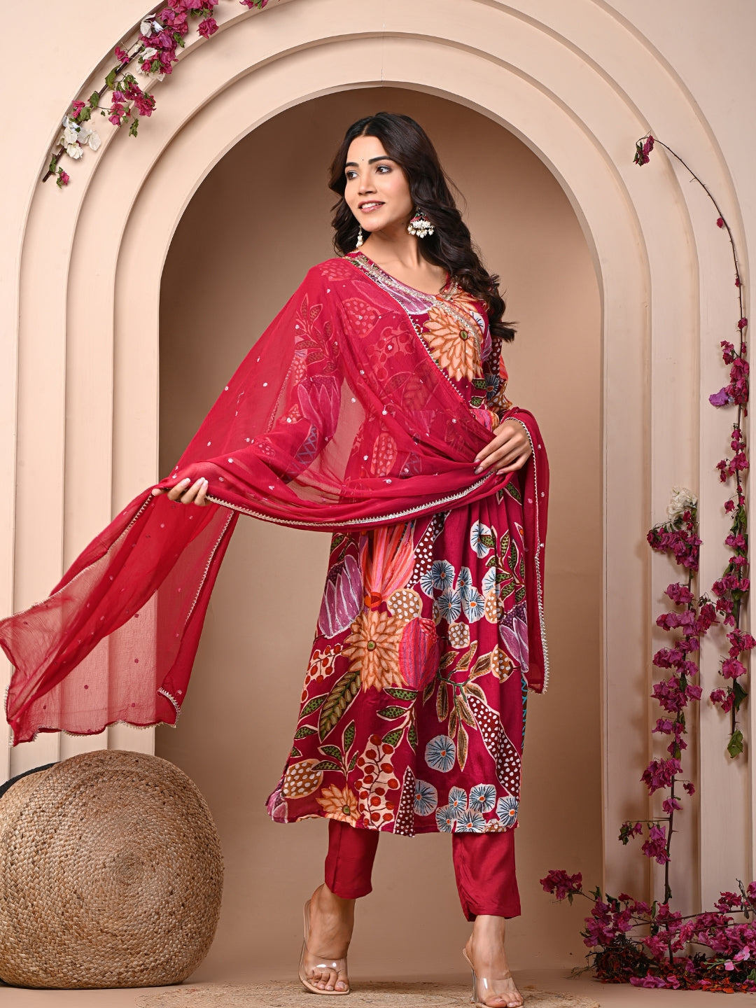 Red 3 Pc Chinnon & Shantoon Suit Set