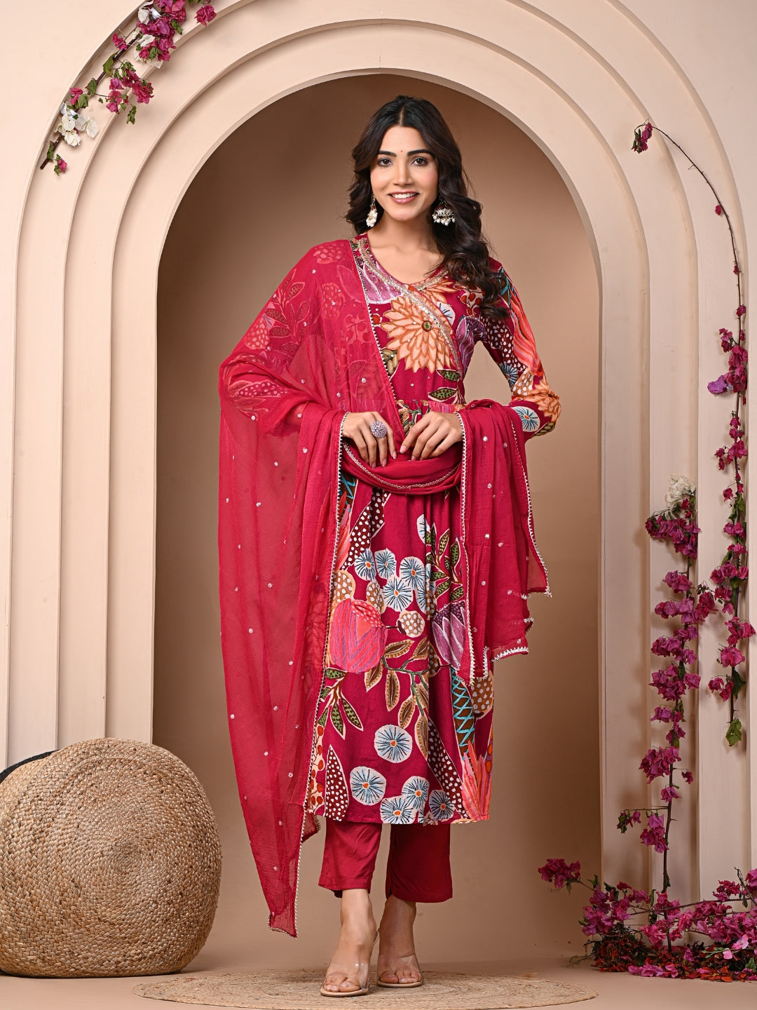 Red 3 Pc Chinnon & Shantoon Suit Set