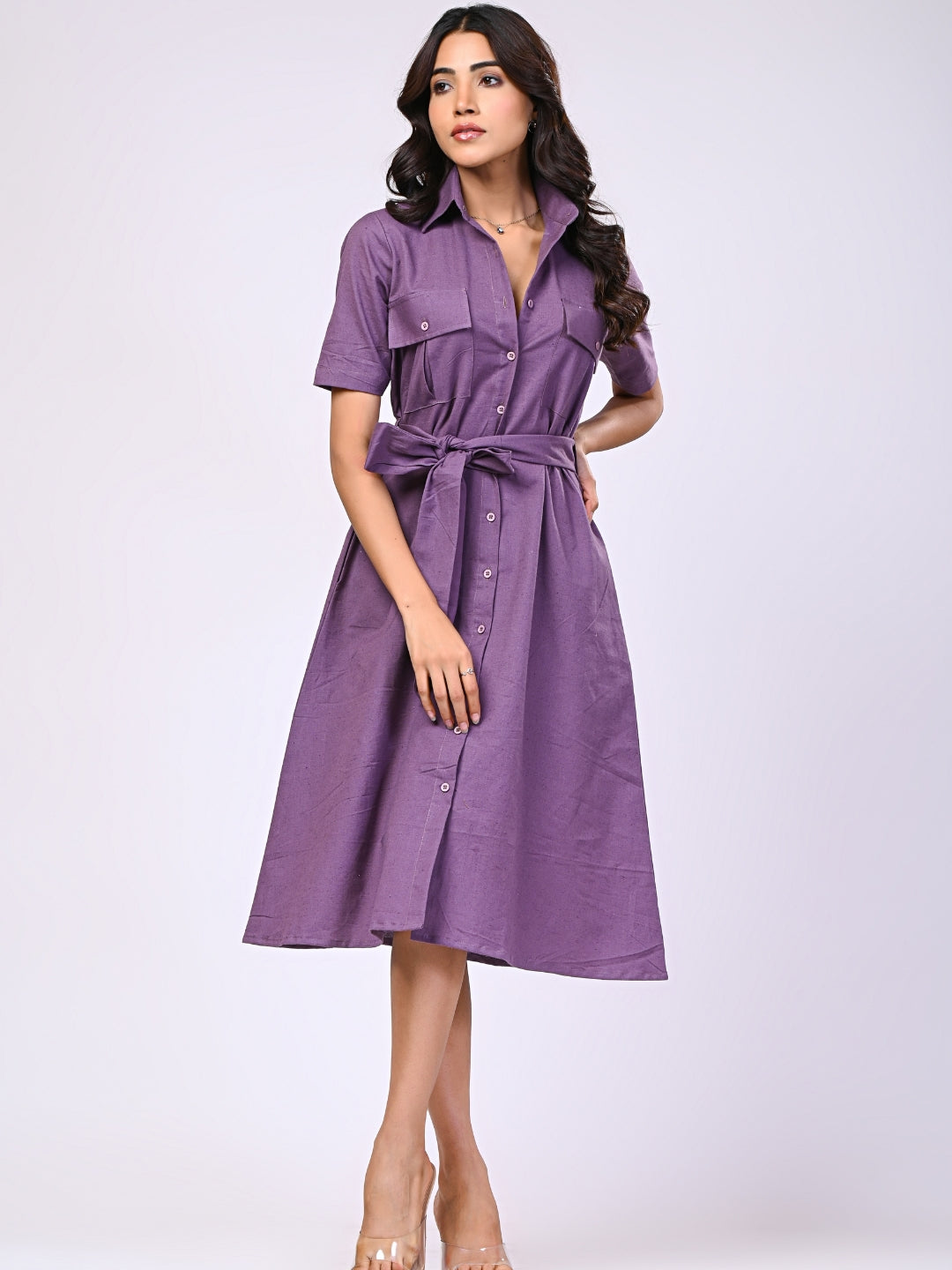 Cotton Linen Purple Midi Dress